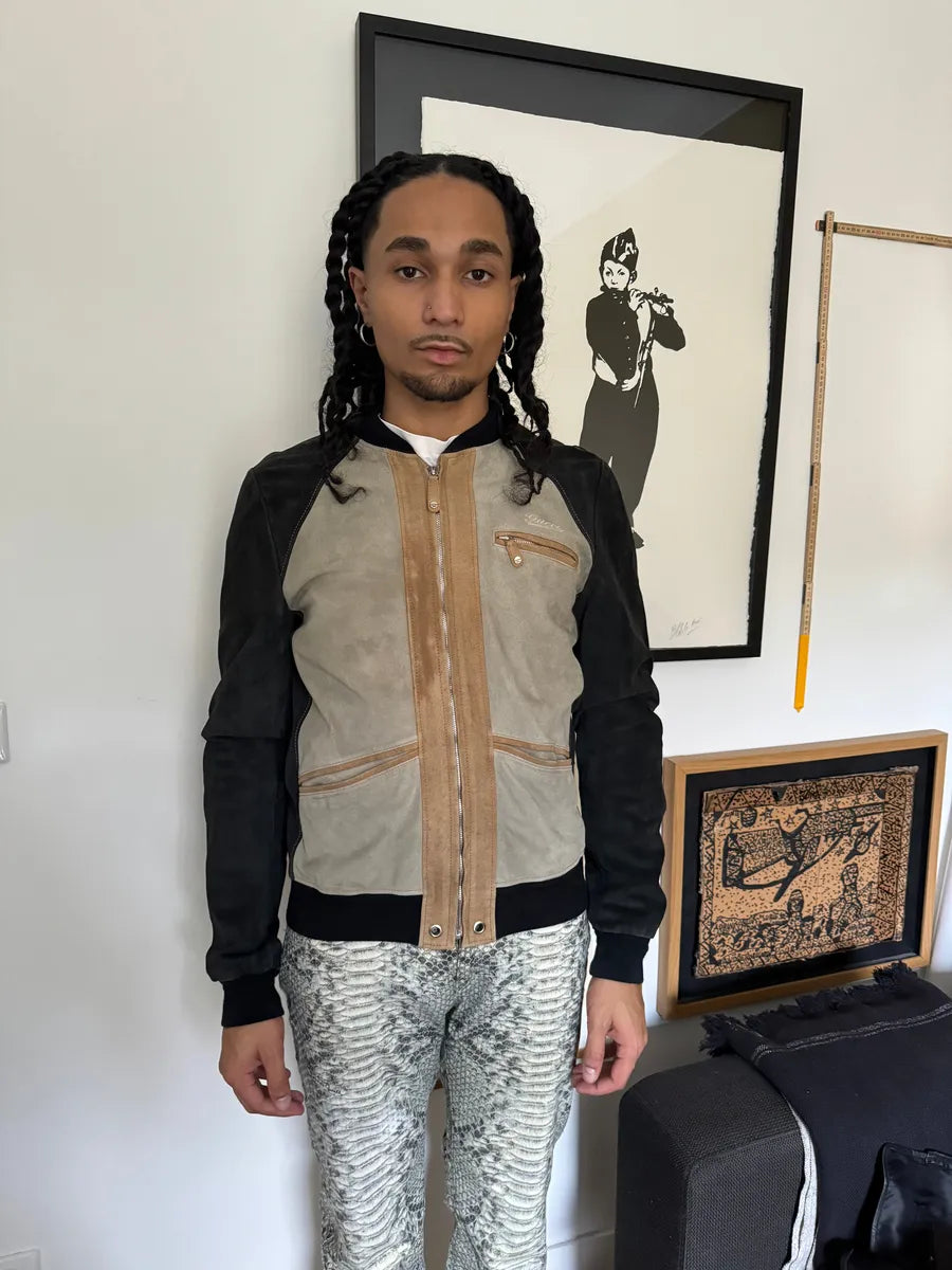 2000s Gucci Italian Bicolor Suede Leather Bomber Jacket XmnTMdx 1