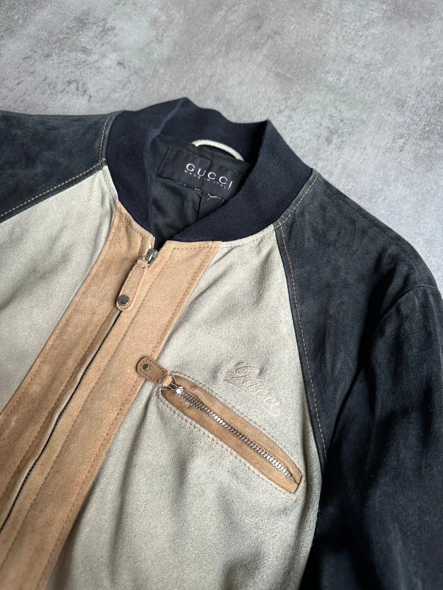 2000s Gucci Italian Bicolor Suede Leather Bomber Jacket XmnTMdx 5