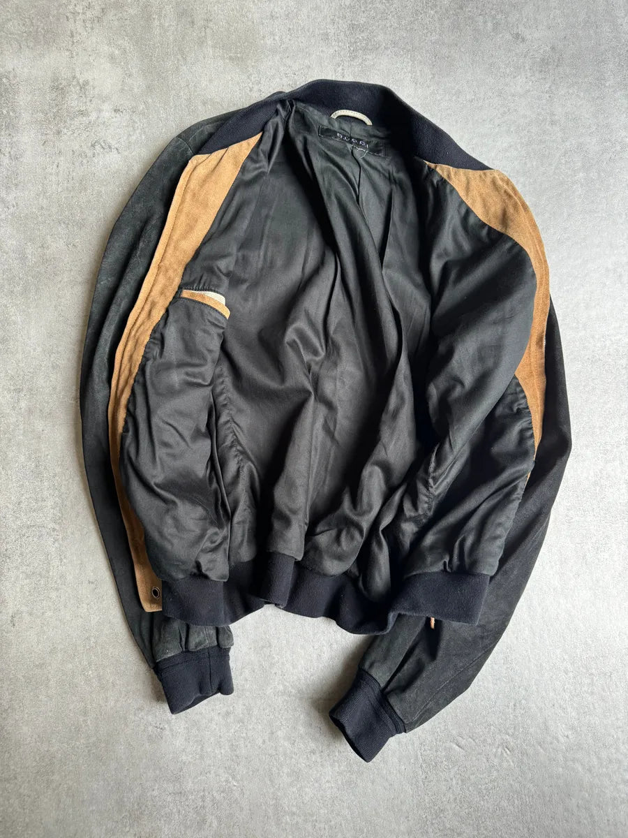 2000s Gucci Italian Bicolor Suede Leather Bomber Jacket XmnTMdx 7