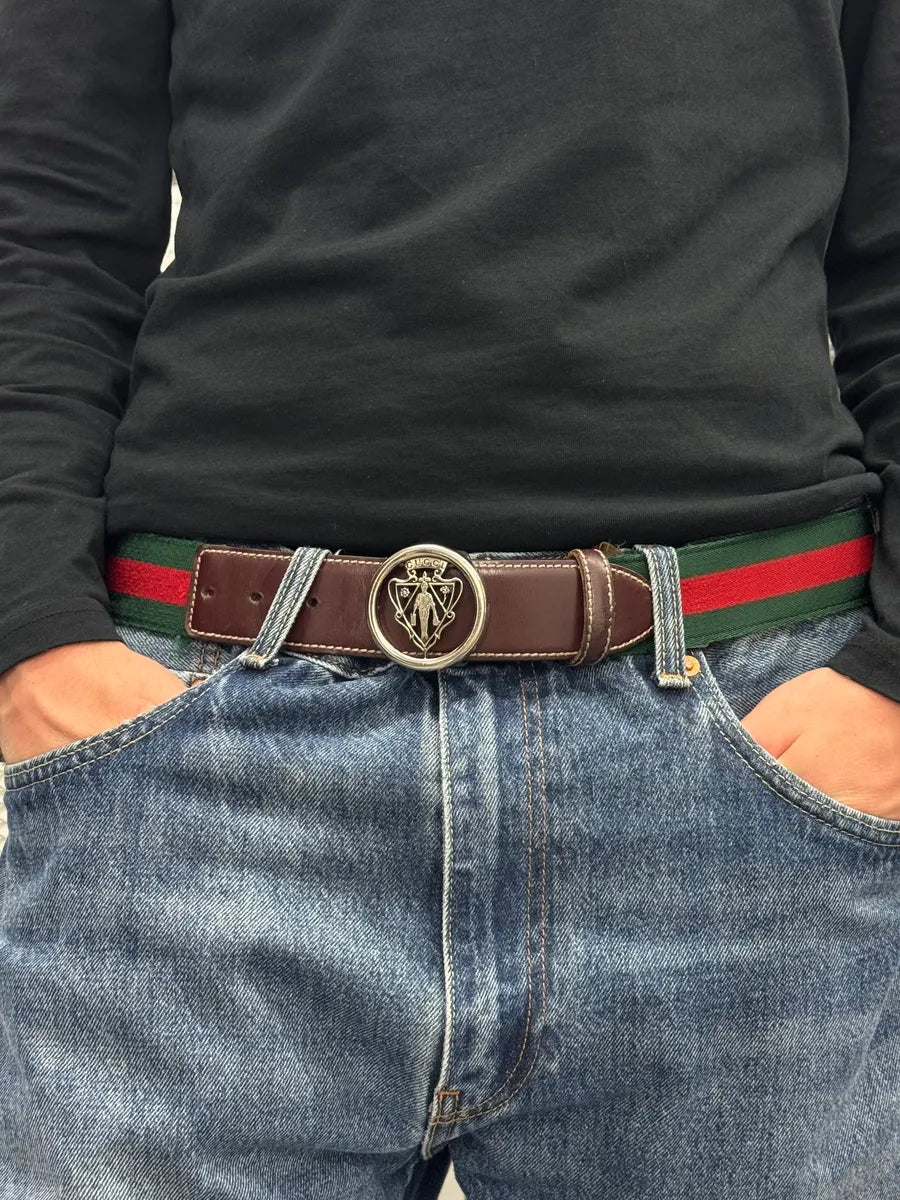 2000s Gucci Knight Buckle Red & Green Canvas Belt by Frida Giannini kLCuIBU 0