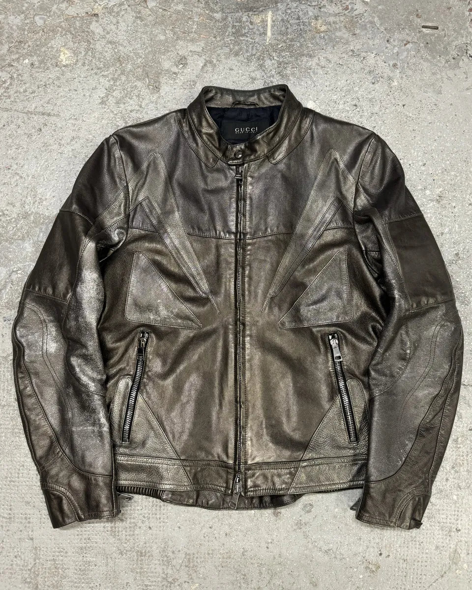 2000s Gucci Metallic Grey Rock Avant-Garde Leather Biker Jacket ClpPhBt 0