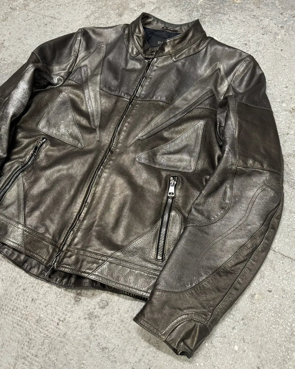 2000s Gucci Metallic Grey Rock Avant-Garde Leather Biker Jacket ClpPhBt 2