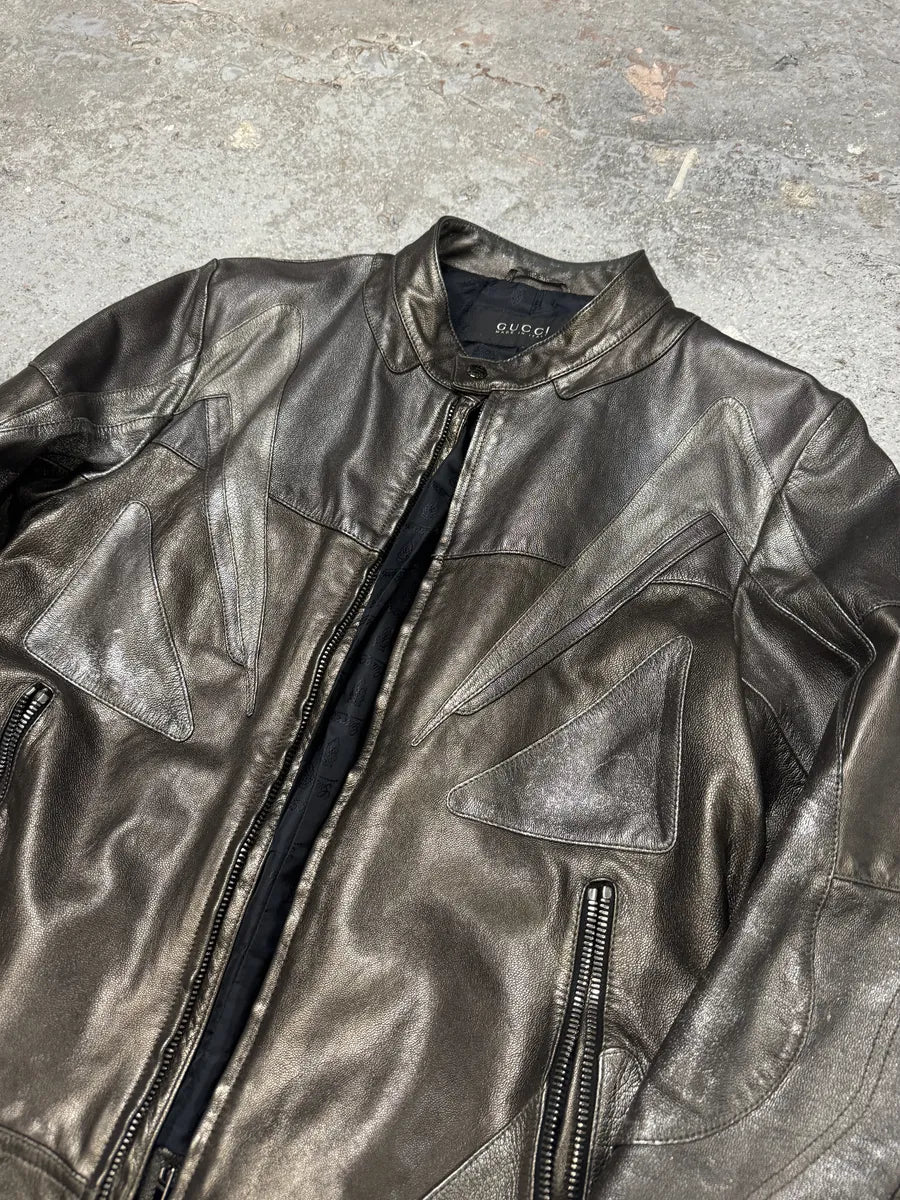 2000s Gucci Metallic Grey Rock Avant-Garde Leather Biker Jacket ClpPhBt 4