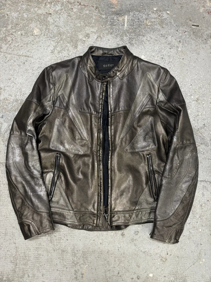 2000s Gucci Metallic Grey Rock Avant-Garde Leather Biker Jacket ClpPhBt 5