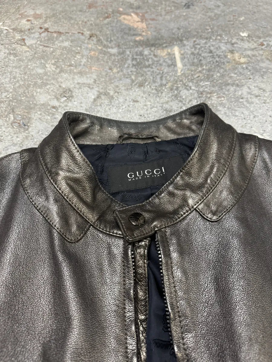 2000s Gucci Metallic Grey Rock Avant-Garde Leather Biker Jacket ClpPhBt 9