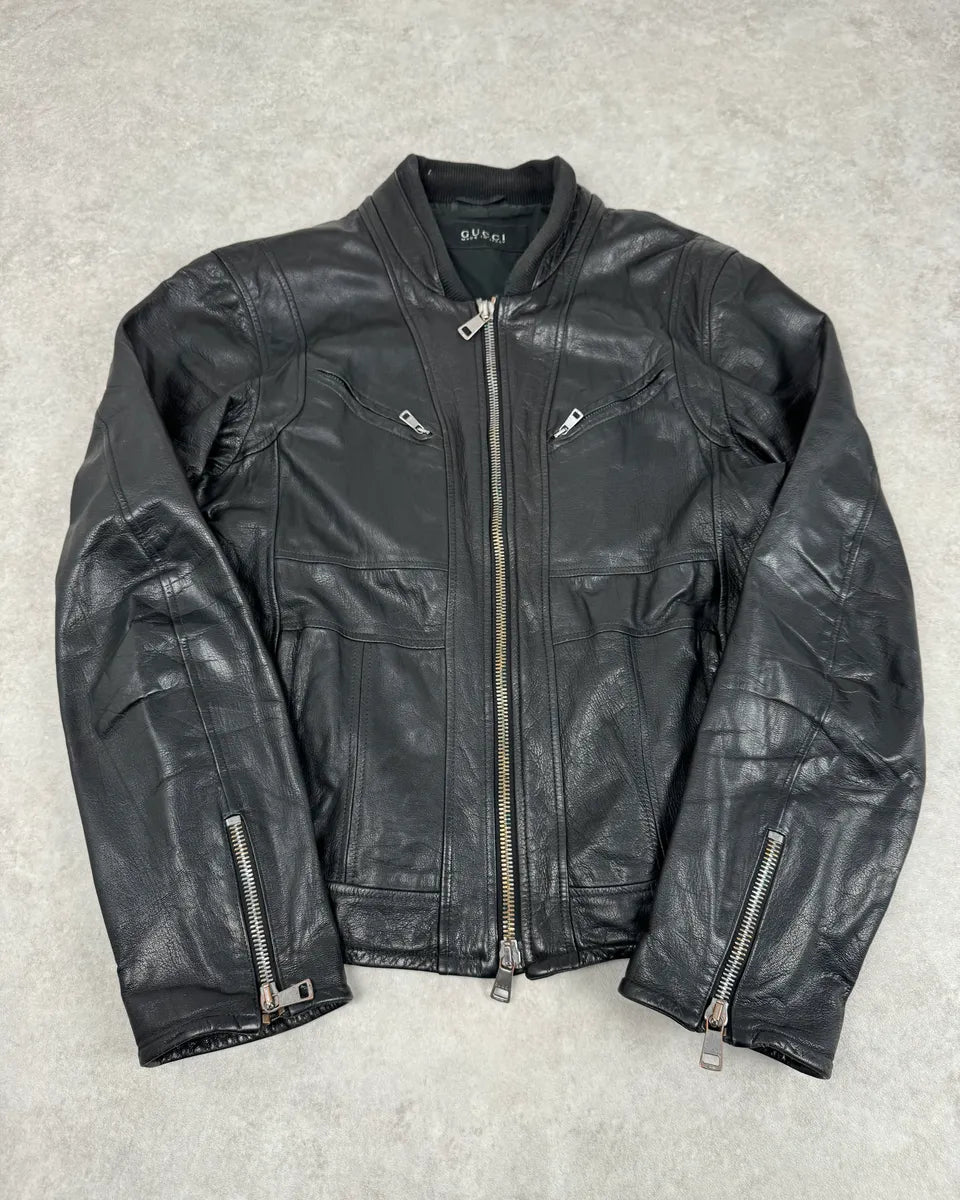 2000s Gucci Multi Zip Black Biker Leather Jacket ZaiqFKA 0