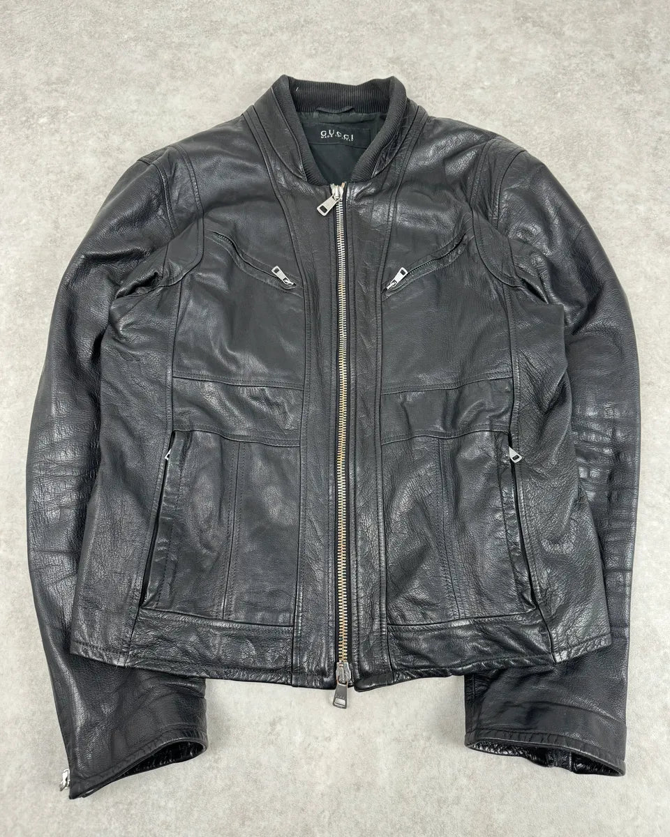 2000s Gucci Multi Zip Black Biker Leather Jacket ZaiqFKA 3
