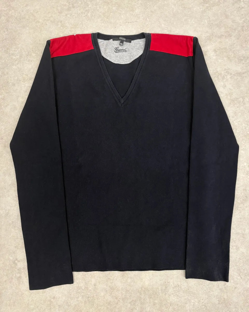 2000s Gucci Navy & Red V-Neck Sweater FRoeSZg 0