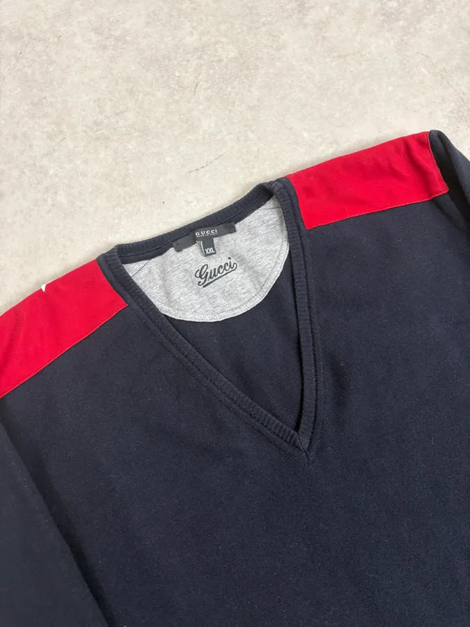 2000s Gucci Navy & Red V-Neck Sweater FRoeSZg 4