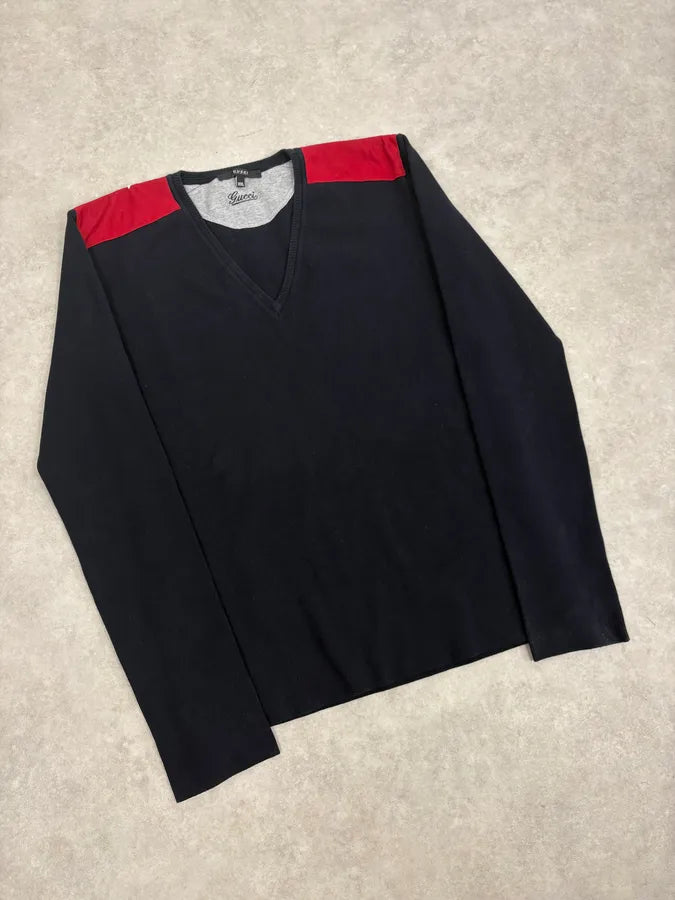 2000s Gucci Navy & Red V-Neck Sweater FRoeSZg 3
