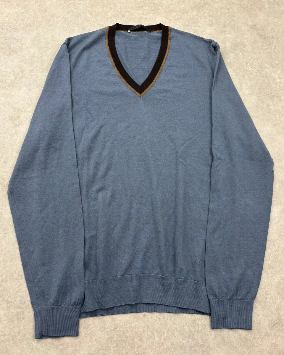 2000s Gucci Navy Contrast Collar Wool V-Neck Sweater aiumeWe 0