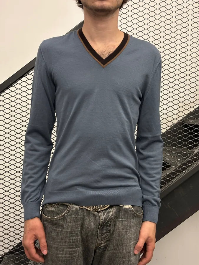 2000s Gucci Navy Contrast Collar Wool V-Neck Sweater aiumeWe 1