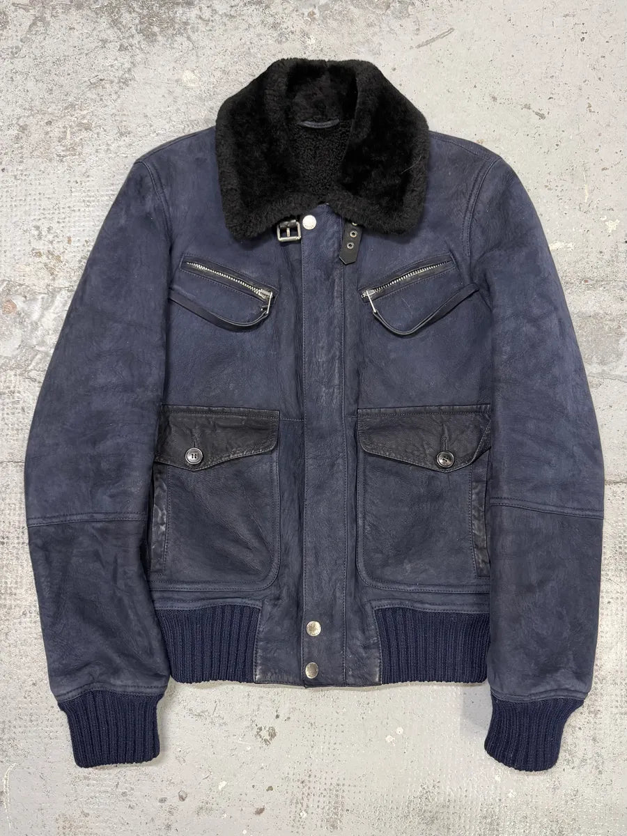 2000s Gucci Navy Shearling Leather Cargo Jacket fsIjivH 0