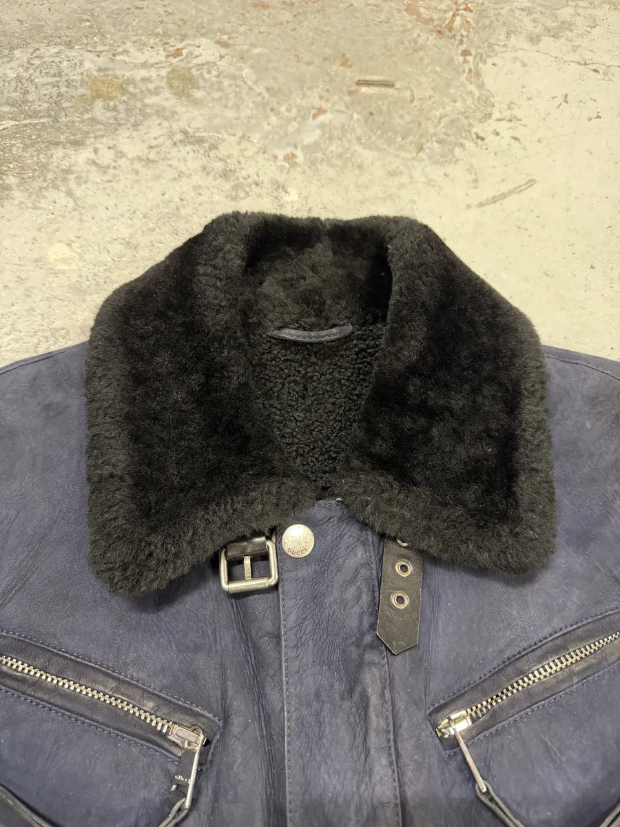 2000s Gucci Navy Shearling Leather Cargo Jacket fsIjivH 12