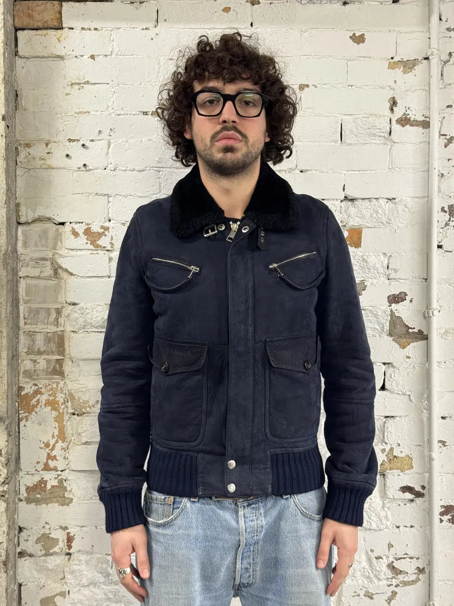 2000s Gucci Navy Shearling Leather Cargo Jacket fsIjivH 2