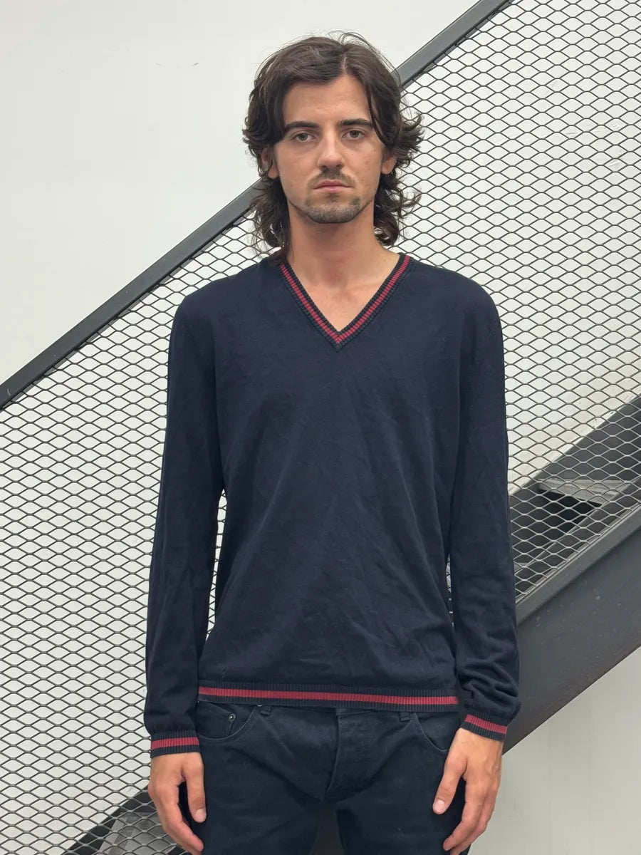 2010s Gucci Navy Wool V-Neck Striped Sweater tyEUxys 1