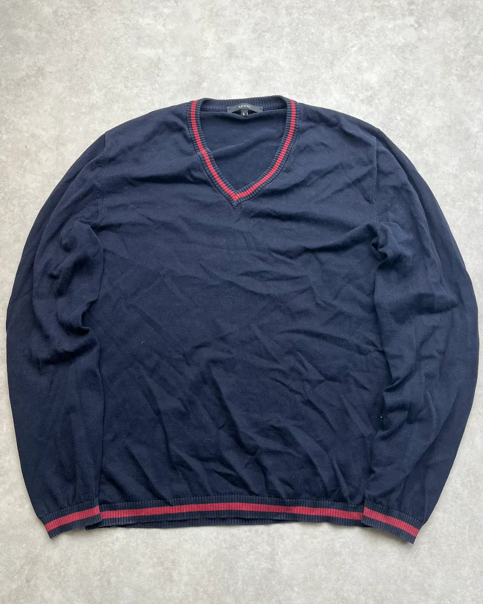 2010s Gucci Navy Wool V-Neck Striped Sweater tyEUxys 0