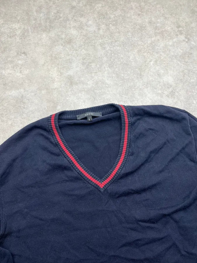 2010s Gucci Navy Wool V-Neck Striped Sweater tyEUxys 4