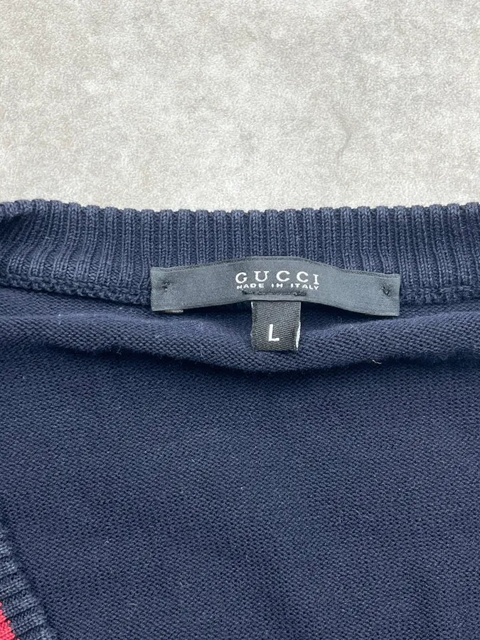 2010s Gucci Navy Wool V-Neck Striped Sweater tyEUxys 7