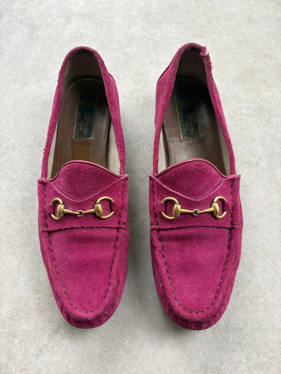 2000s Gucci Pink Suede Leather Horsebit Loafers AwRjMJI 1