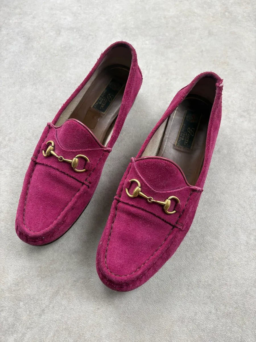 2000s Gucci Pink Suede Leather Horsebit Loafers AwRjMJI 2