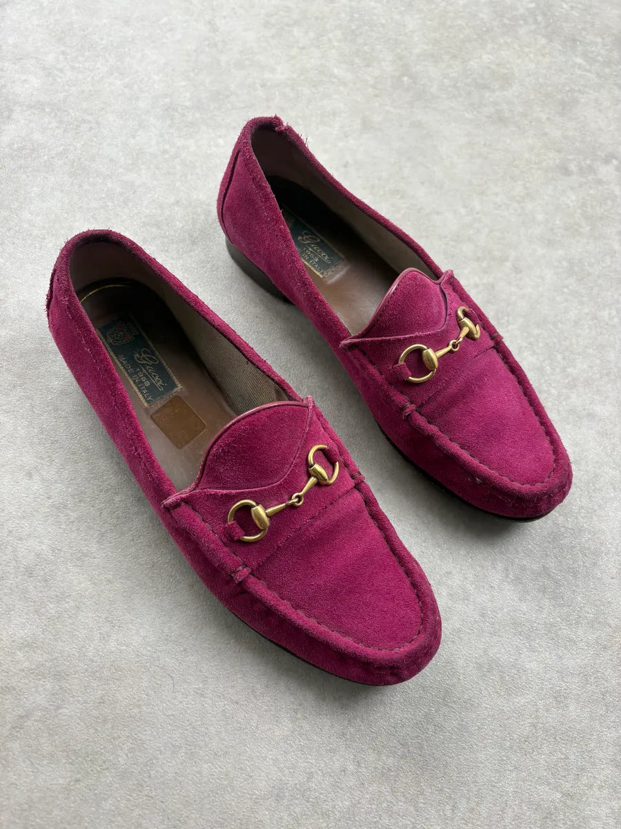 2000s Gucci Pink Suede Leather Horsebit Loafers AwRjMJI 3