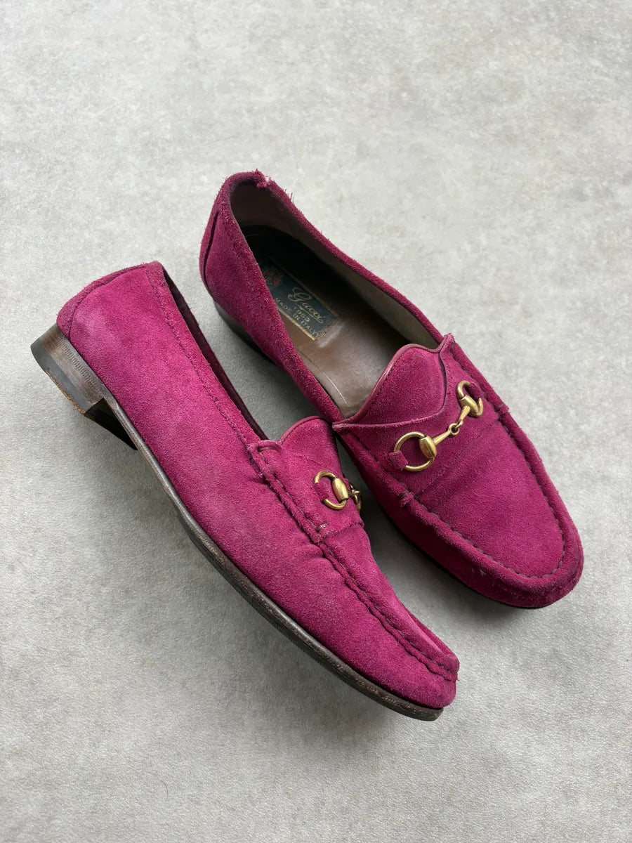 2000s Gucci Pink Suede Leather Horsebit Loafers AwRjMJI 4