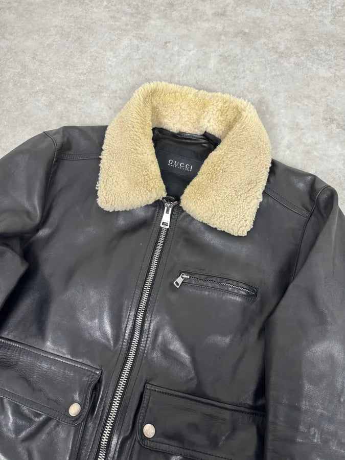 2000s Gucci Shearling Collat Black Leather Jacket KBxpyAh 4