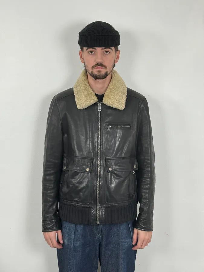 2000s Gucci Shearling Collat Black Leather Jacket KBxpyAh 1
