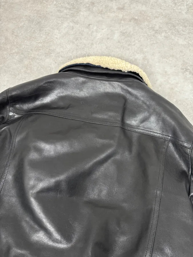 2000s Gucci Shearling Collat Black Leather Jacket KBxpyAh 5