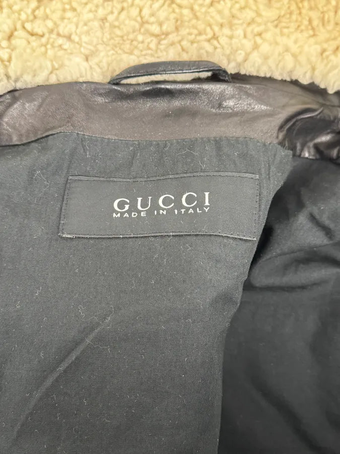 2000s Gucci Shearling Collat Black Leather Jacket KBxpyAh 9
