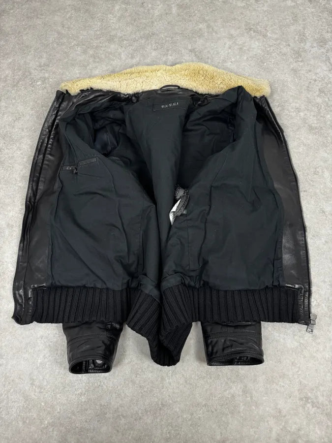 2000s Gucci Shearling Collat Black Leather Jacket KBxpyAh 6