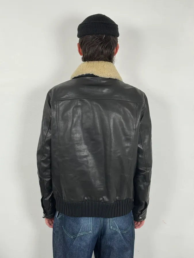 2000s Gucci Shearling Collat Black Leather Jacket KBxpyAh 2