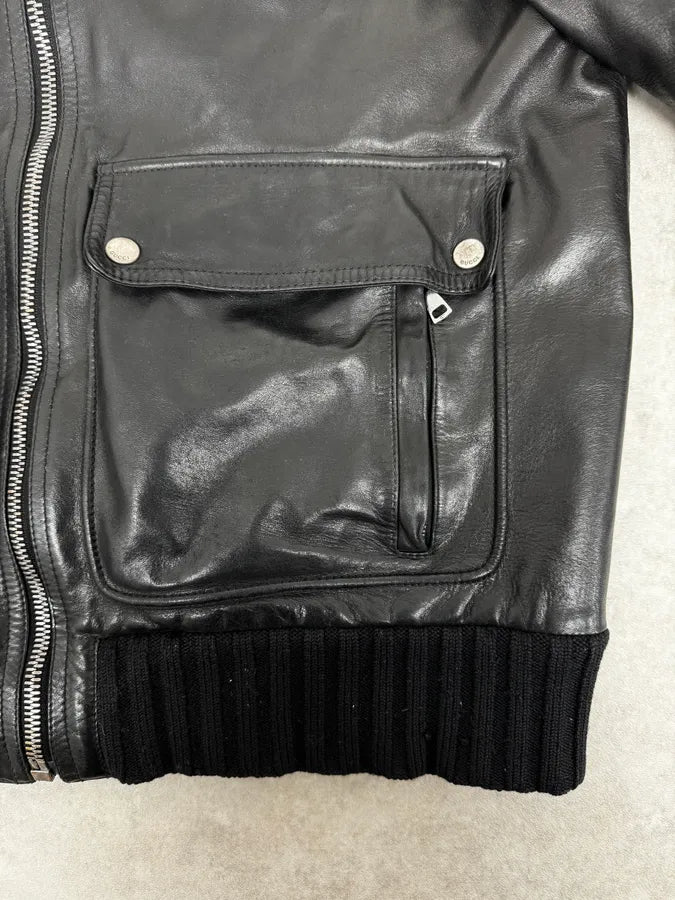 2000s Gucci Shearling Collat Black Leather Jacket KBxpyAh 7