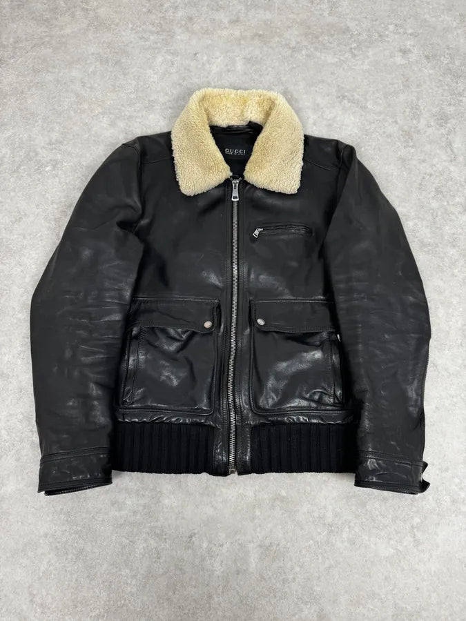 2000s Gucci Shearling Collat Black Leather Jacket KBxpyAh 0