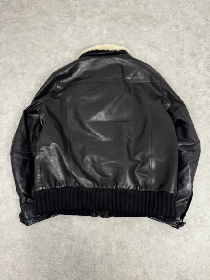 2000s Gucci Shearling Collat Black Leather Jacket KBxpyAh 3