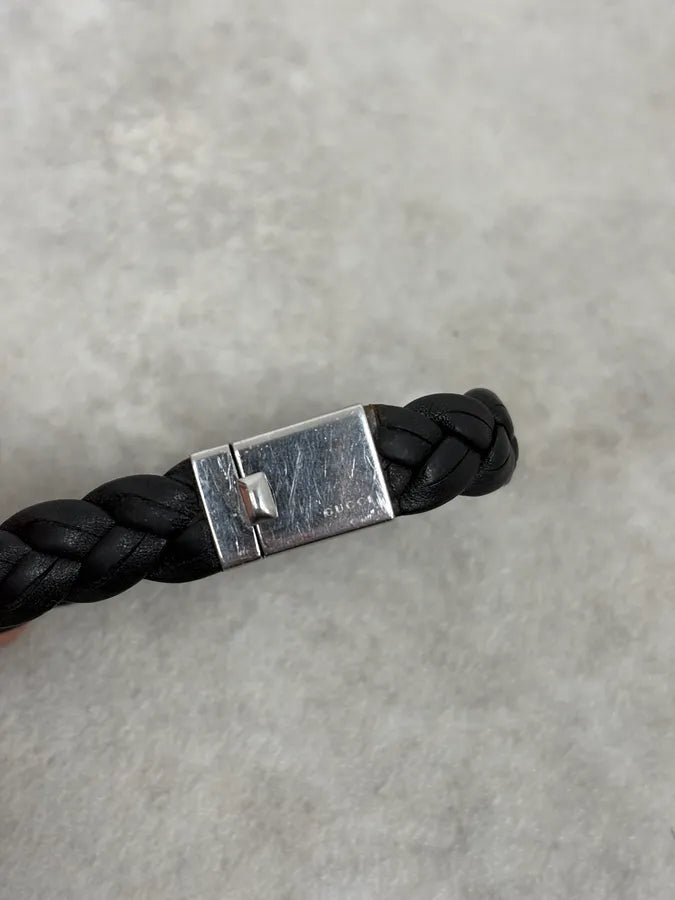2000s Gucci Silver & Leather Woven Bracelet TgcOcIv 3