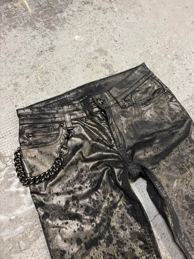 AW2009 Gucci Silver Waxed Black Black Chain Pants aizxGnk 5