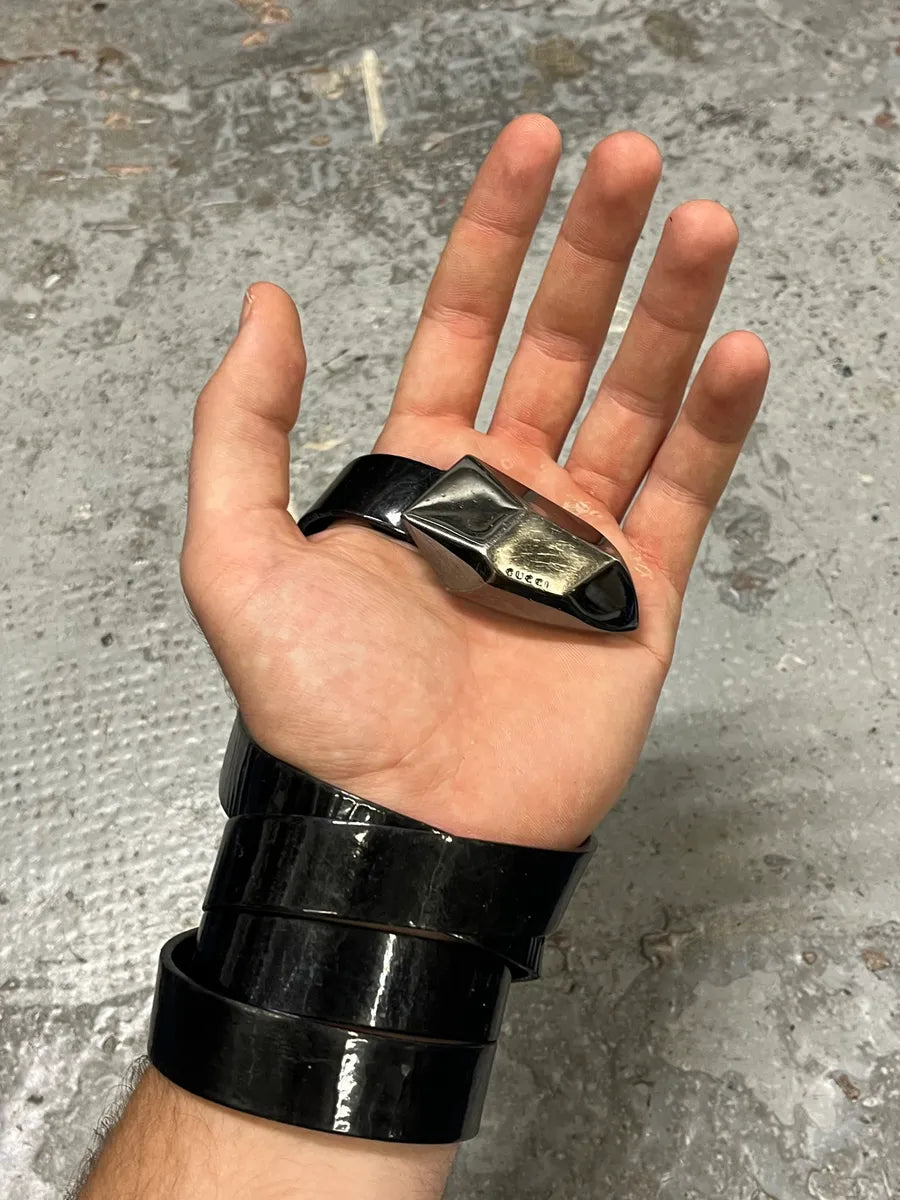 2000s Gucci Stone Buckle Black Leather Belt AEbjVHV 0