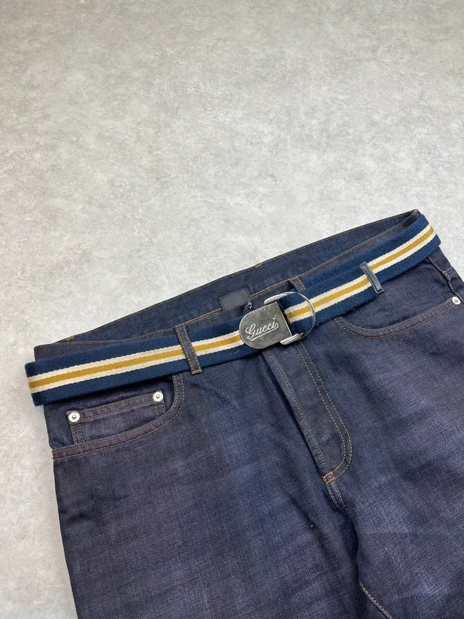 2000s Gucci Stripes Blue & Yellow Canvas Belt HLRTCcy 0