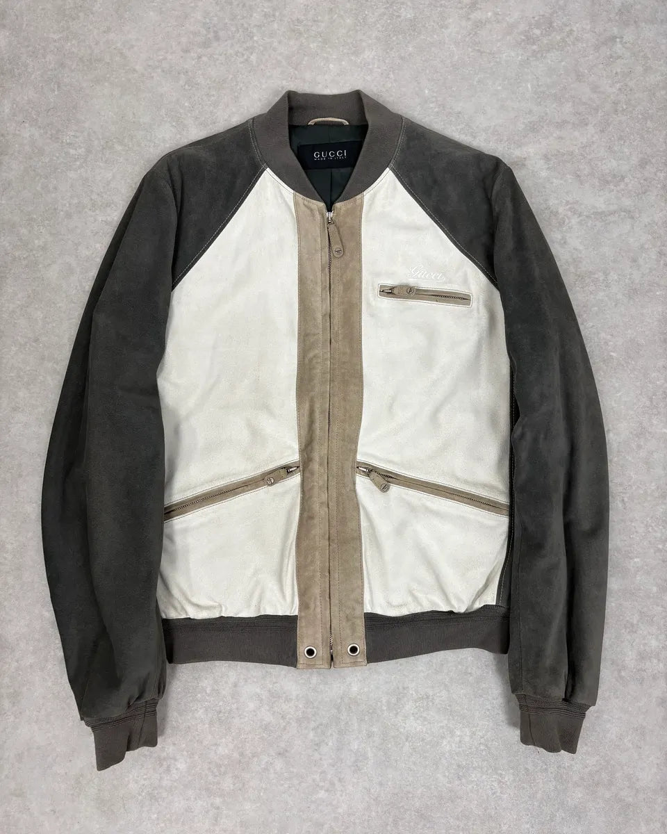 FW2005 Gucci White & Grey Suede Leather Bomber Jacket AXcaQym 0
