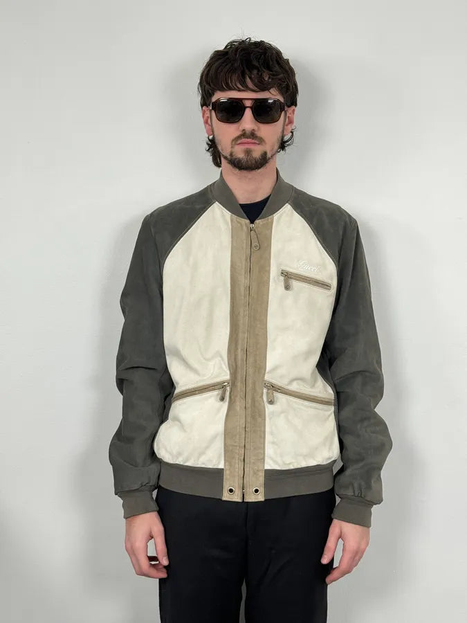FW2005 Gucci White & Grey Suede Leather Bomber Jacket AXcaQym 1