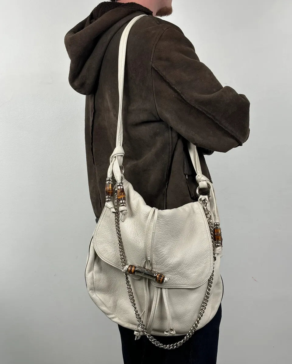 2000s Gucci White Leather Bamboo Claps Handle Bag  WfALTfl 1