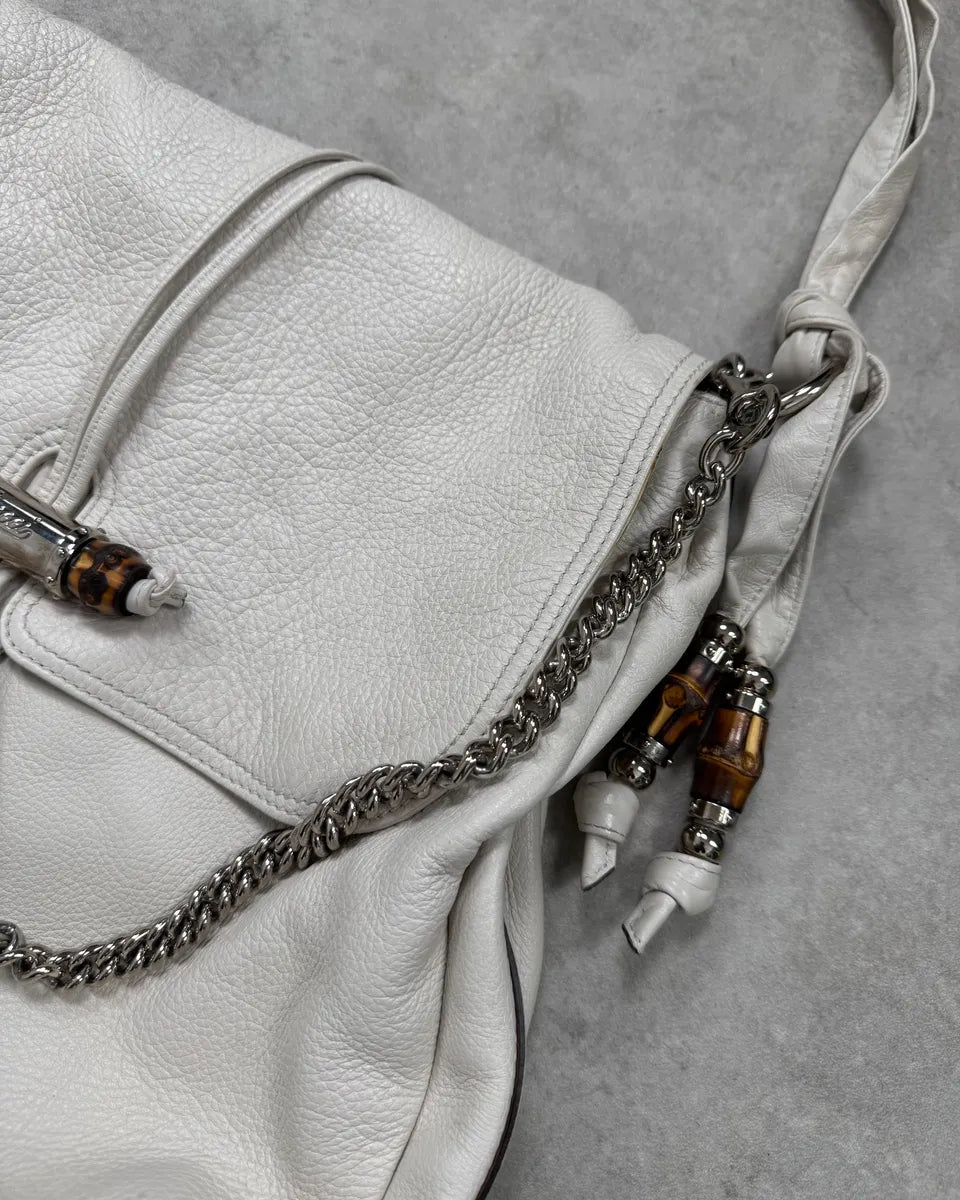 2000s Gucci White Leather Bamboo Claps Handle Bag  WfALTfl 5