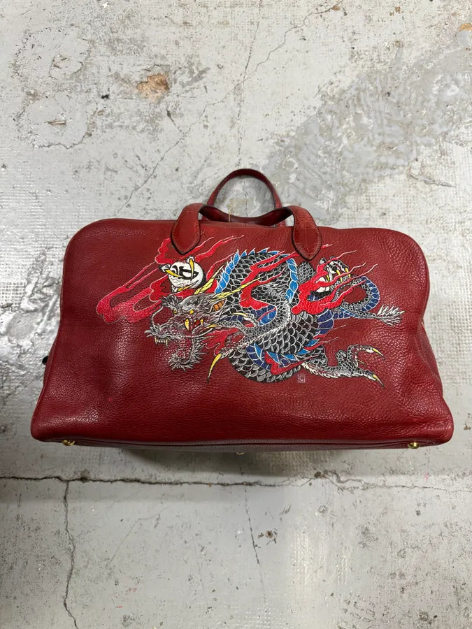 2000s Hermès Asian Dragon Painted Victoria Red Bordeaux Leather Travel Bag IayIkxC 0