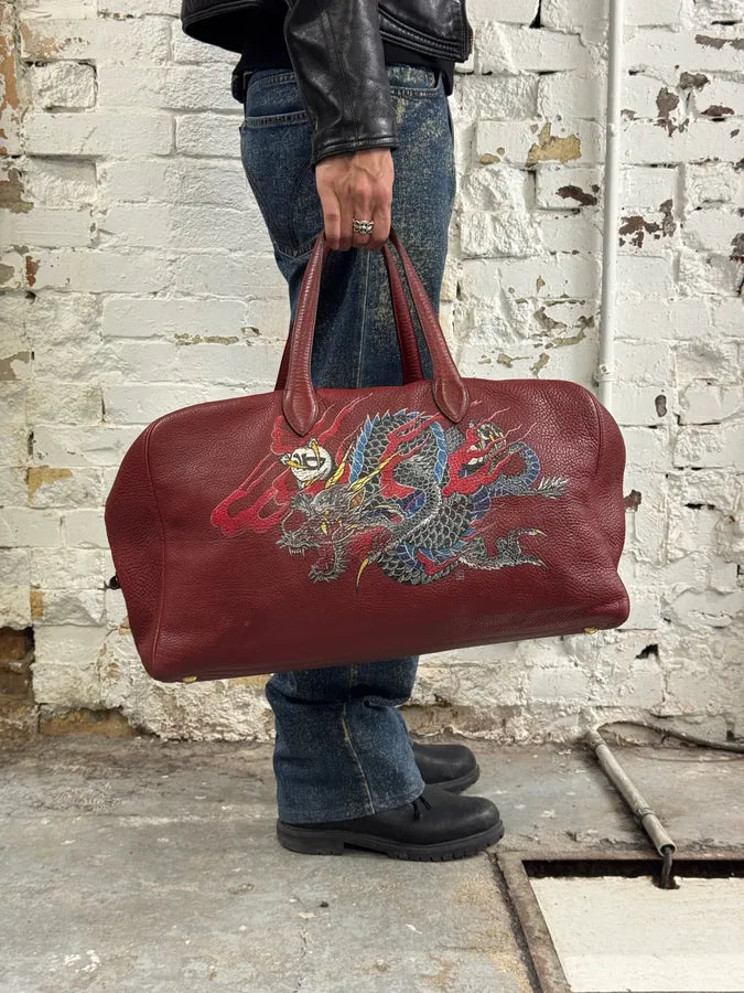 2000s Hermès Asian Dragon Painted Victoria Red Bordeaux Leather