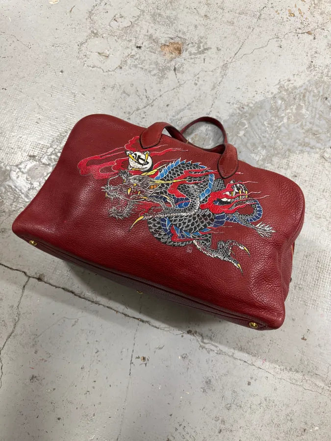 2000s Hermès Asian Dragon Painted Victoria Red Bordeaux Leather Travel Bag IayIkxC 3
