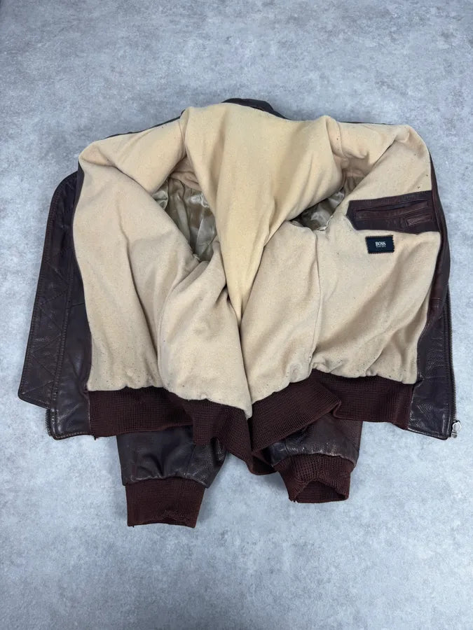 2000s Hugo Boss Aviator Brown Leather Jacket CpQFXDr 7