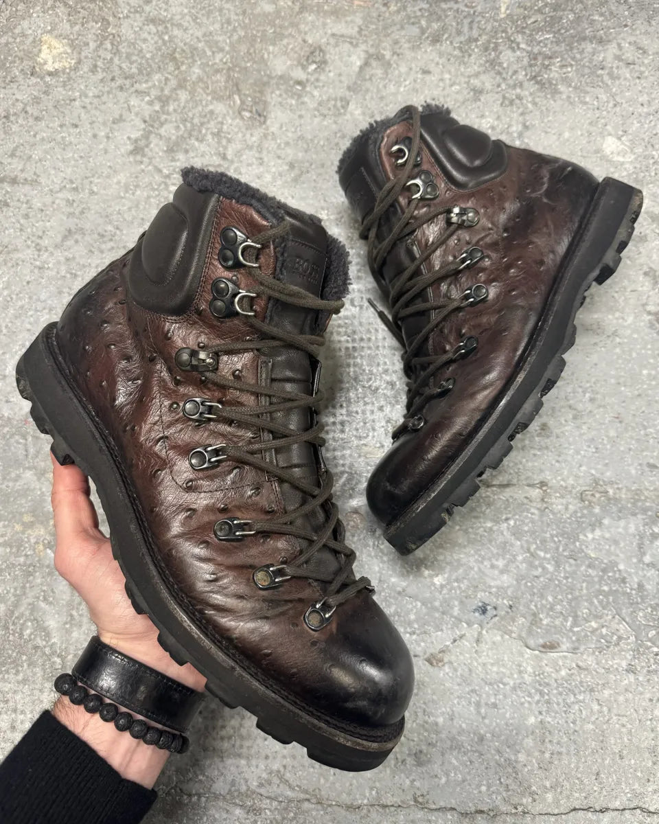 2000s Hugo Boss Ostrich Embossed Leather Brown Mountain Daily Fur Boots (42eu/us8.5) 0