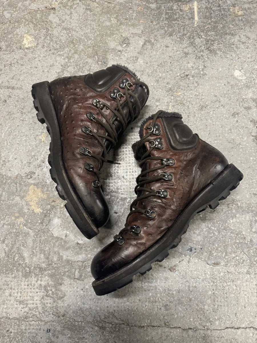 2000s Hugo Boss Ostrich Embossed Leather Brown Mountain Daily Fur Boots (42eu/us8.5) 1